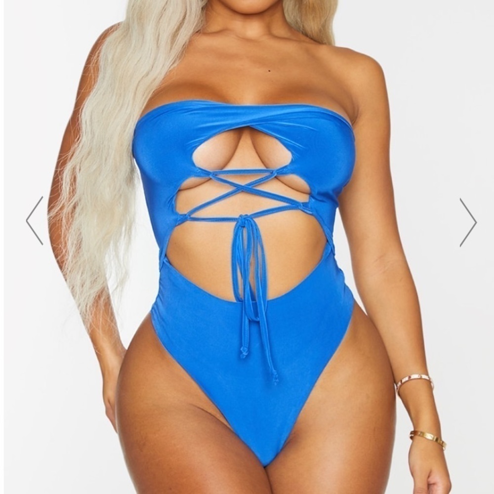 Pretty Little Thing SHAPE BRIGHT BLUE SLINKY LACE UP BANDEAU BODYSUIT